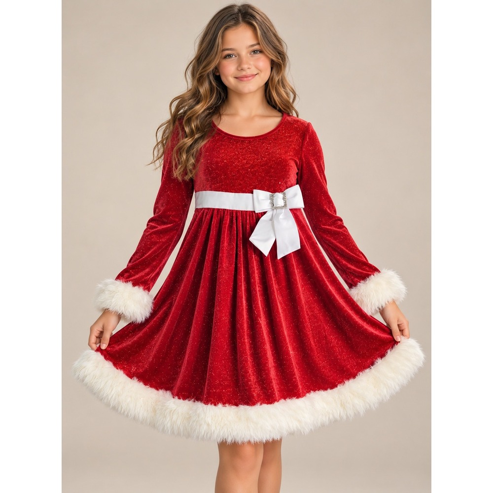 Bonnie Jean Girls Red Velvet Sequin Faux Fur Christmas Holiday Dress Sz 12